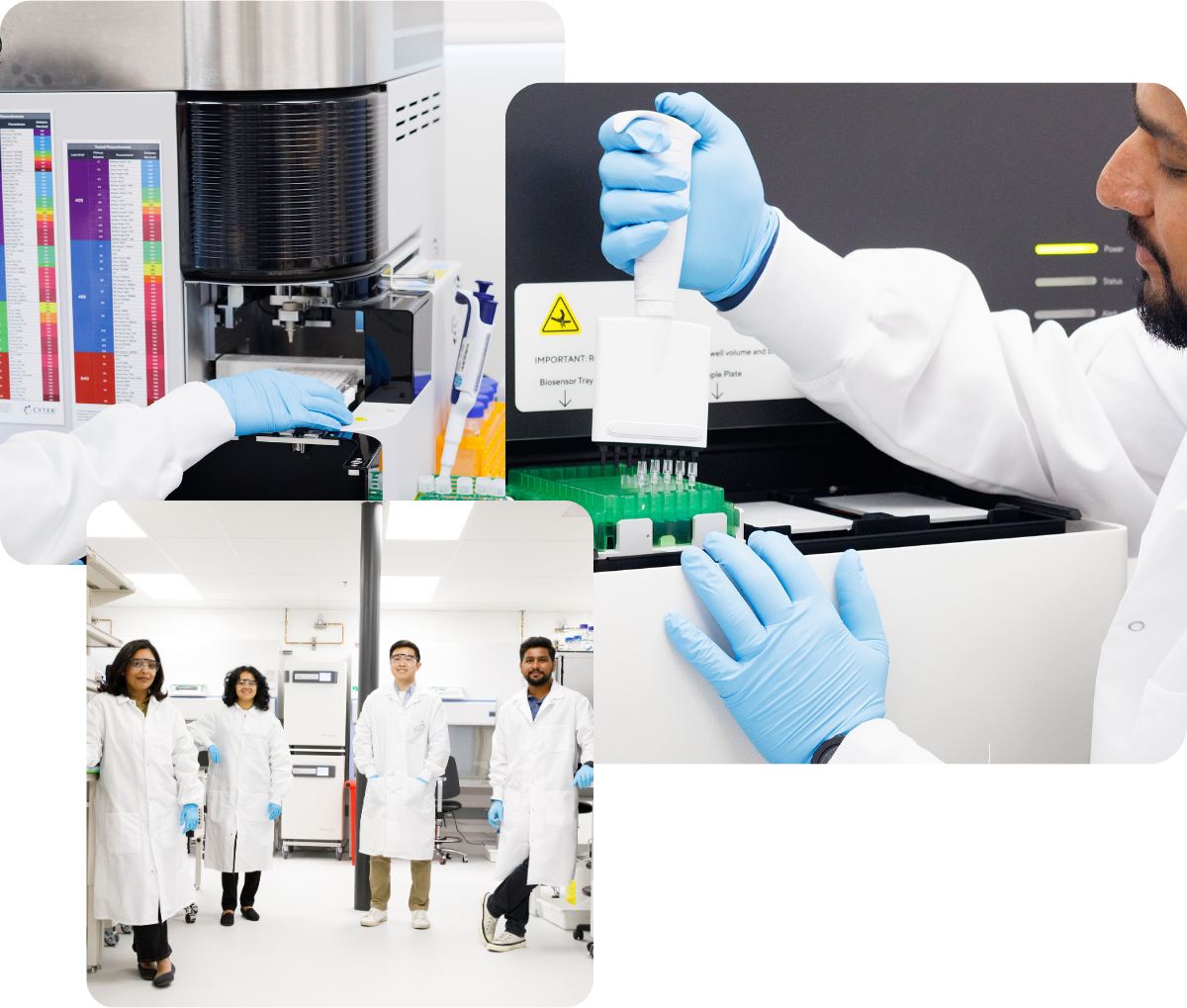 Collage of 92Bio's team working in a lab environment.